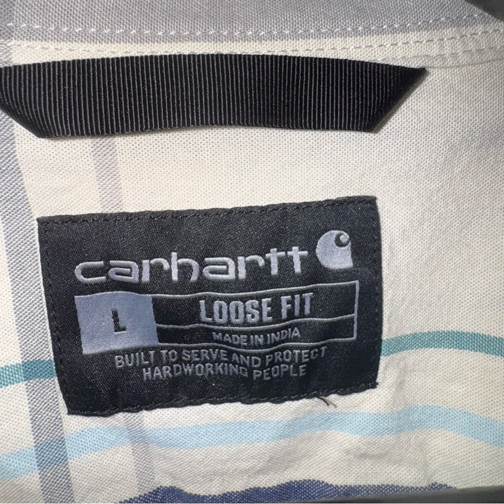 Carhartt Cream and Blue Casual Short Sleeve- Button Down-‎ Loose Fit- Size Large - Picture 6 of 10